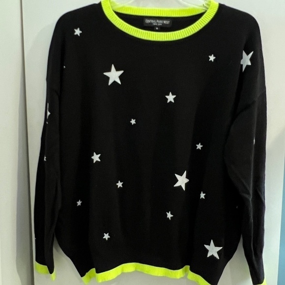 Central Park West Black Crewneck Sweater White Stars Neon Details Sz Medium - Picture 1 of 9